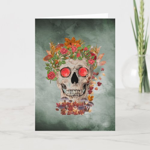 Autumn Skull on Green Background Halloween Card