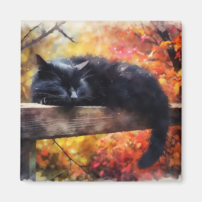 Autumn Sleeping Black Cat Magnet (Front)