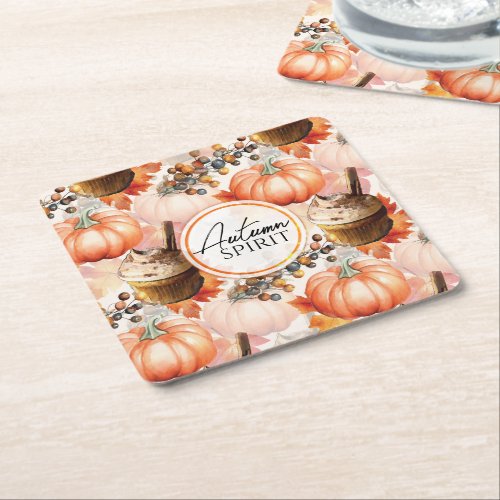 Autumn Spirit Cozy Watercolor Pattern Square Paper Coaster