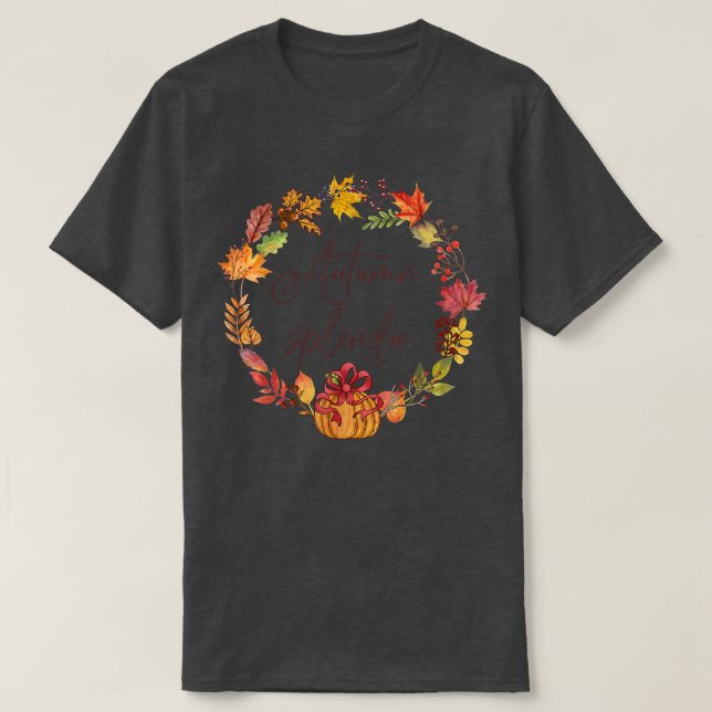 Autumn Splendor Cute Fall Leaves Autumn Pumpkins W T-Shirt (Design Front)