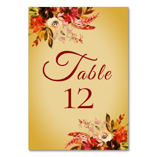 Autumn Splendor Floral Blushed Gold Wedding Table Number (Front)