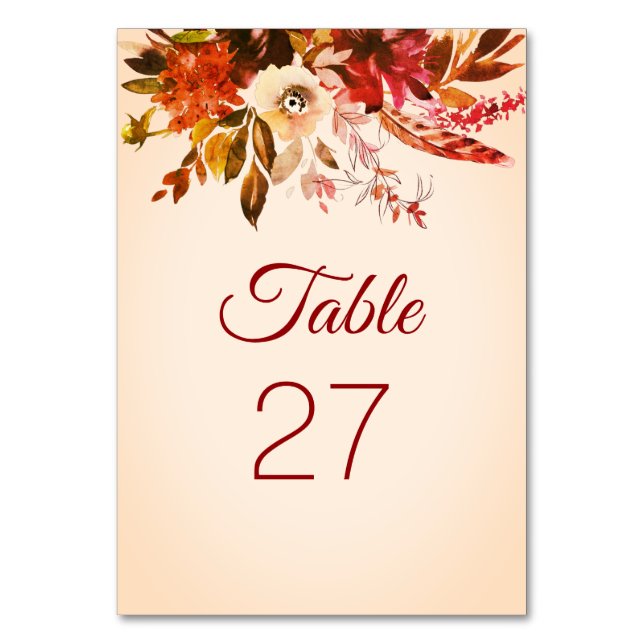 Autumn Splendor Floral Blushed Ivory Wedding Table Number (Front)