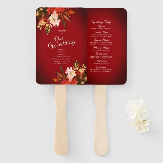 Autumn Splendor Floral Burnished Red Wedding Hand Fan (Front and Back)