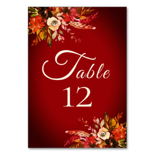 Autumn Splendor Floral Burnished Red Wedding Table Number