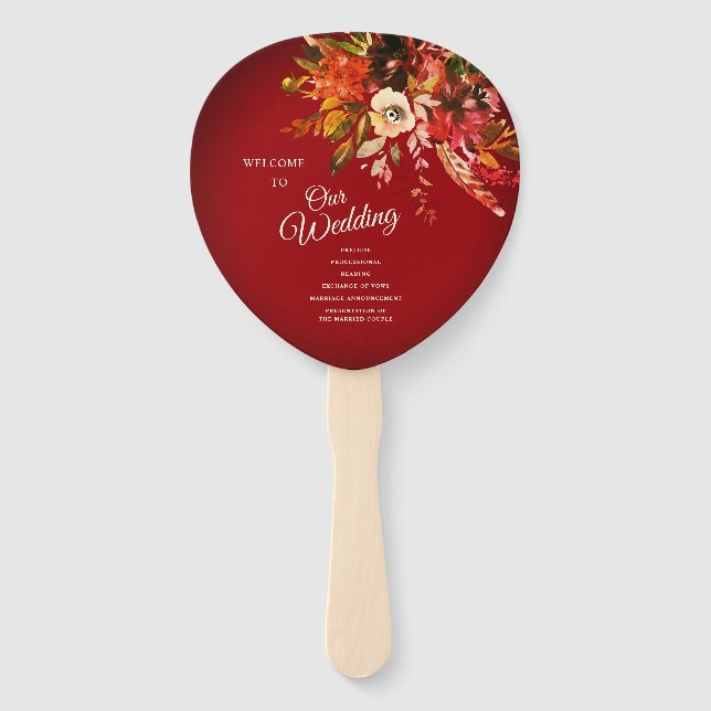Autumn Splendor Floral Red Wedding Program Hand Fan (Front)