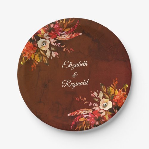 Autumn Splendor Red Floral Mocha Leaf Wedding Paper Plates