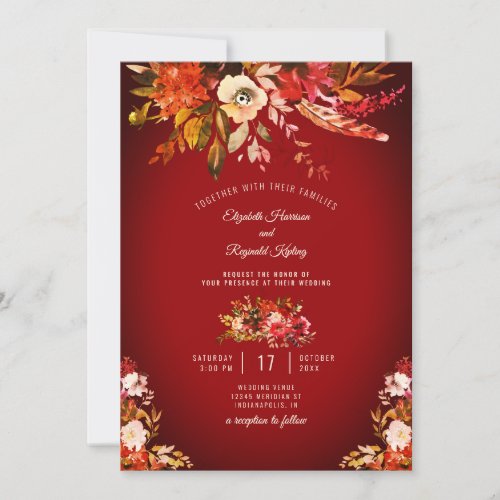 Autumn Splendor Watercolor Floral Red Wedding Invitation