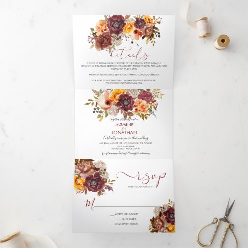 Autumn Splendor Watercolor Floral Wedding  Tri_Fold Invitation