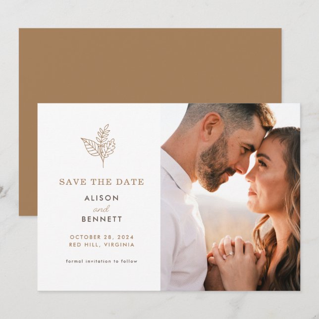 Autumn Sprig Fall Wedding Photo Save The Date Card (Front/Back)