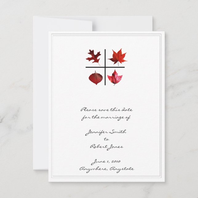Autumn Square - Fall Leaf design in Red Orange Save The Date (Front)