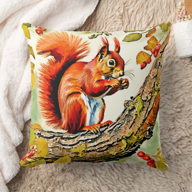 Autumn Squirrel Art Throw Pillow (Blanket)