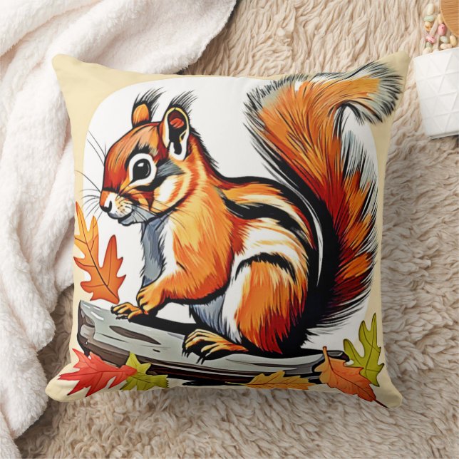 Autumn Squirrel Charm Design Throw Pillow (Blanket)