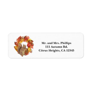 Autumn Squirrel eating acorn & Fall Leaves Wreath Label