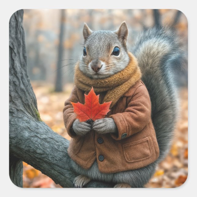 Autumn Squirrel Holding a Red Maple Leaf Square Sticker (Front)