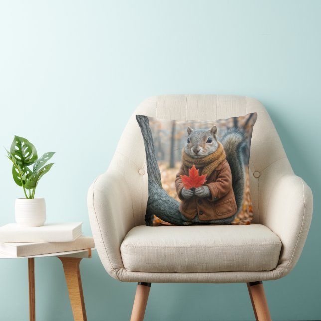 Autumn Squirrel Holding a Red Maple Leaf Throw Pillow (Chair)