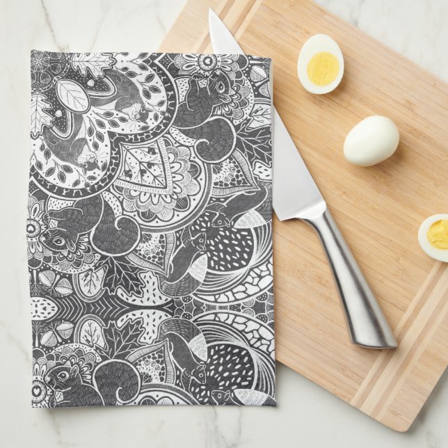 Autumn Squirrel Mandala Hand-Drawn Kitchen Towel (Quarter Fold)