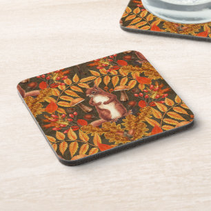 Autumn squirrel on dark brown beverage coaster