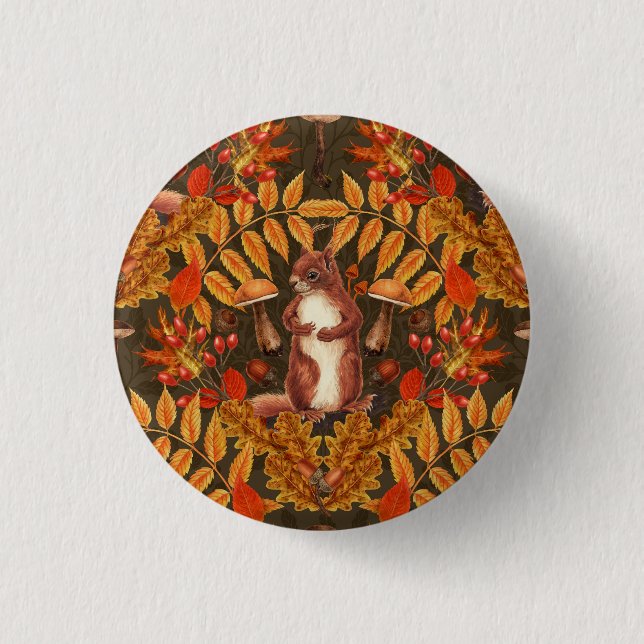 Autumn squirrel on dark brown button (Front)