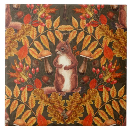 Autumn squirrel on dark brown ceramic tile