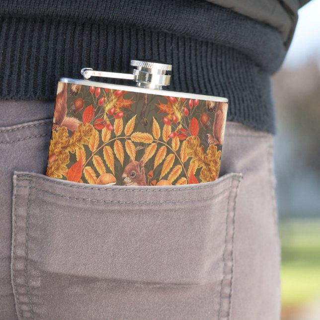 Autumn squirrel on dark brown flask (In Situ)