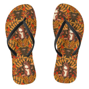 Autumn squirrel on dark brown flip flops