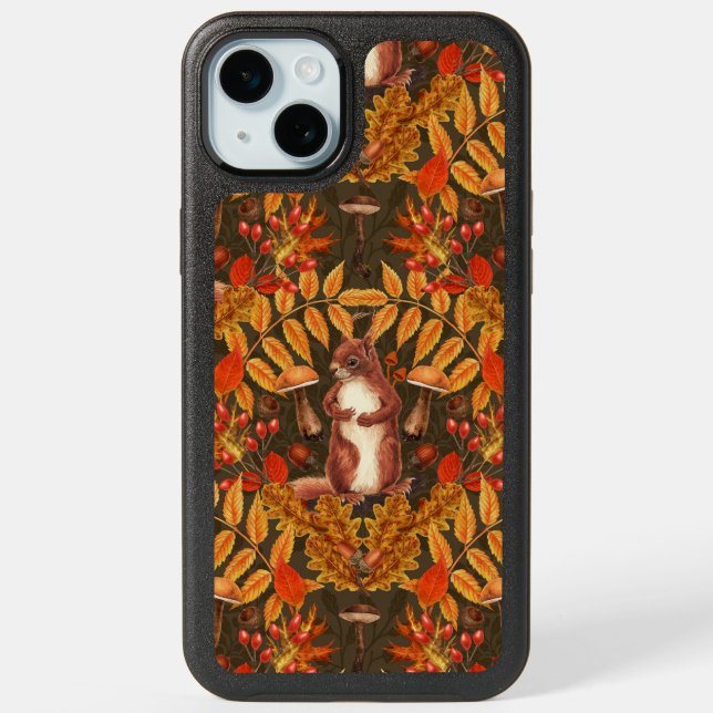 Autumn squirrel on dark brown iPhone 15 plus case (Back)