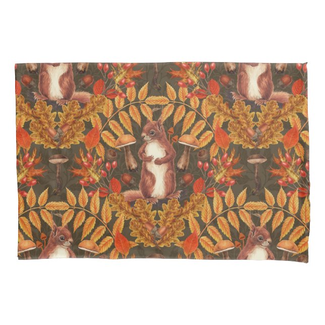 Autumn squirrel on dark brown pillow case (Front-Left)