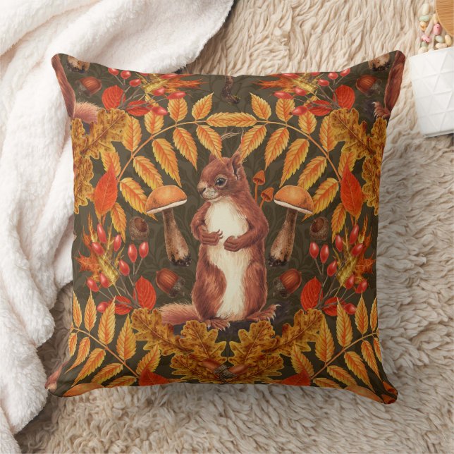 Autumn squirrel on dark brown throw pillow (Blanket)