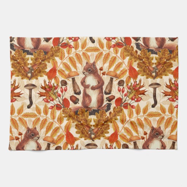 Autumn squirrel on off white kitchen towel (Horizontal)