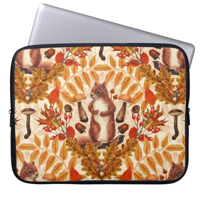 Autumn squirrel on off white laptop sleeve (Front)