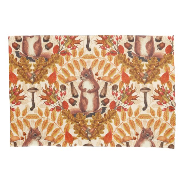 Autumn squirrel on off white pillow case (Front-Left)