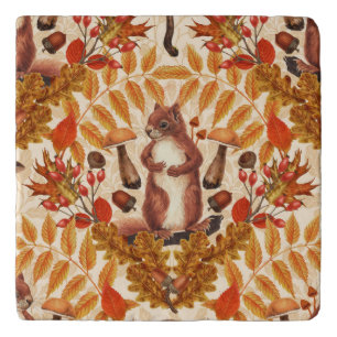 Autumn squirrel on off white trivet