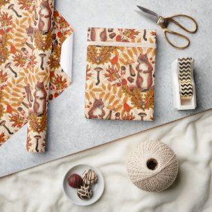 Autumn squirrel on off white wrapping paper