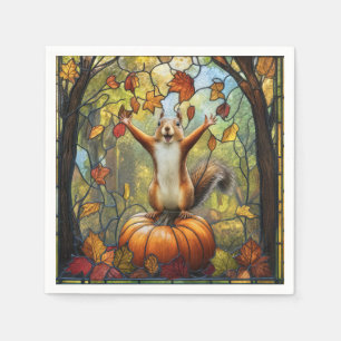 Autumn Squirrel on Pumpkin Stained Glass Art Napkins