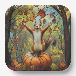 Autumn Squirrel on Pumpkin Stained Glass Art Paper Plates