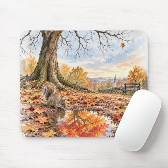 Autumn Squirrel with Puddle Reflection Mouse Pad (With Mouse)