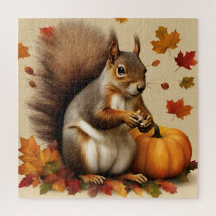 Autumn Squirrel with Pumpkin and Falling Leaves Jigsaw Puzzle