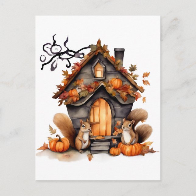 Autumn Squirrels AI Generated Watercolor Postcard (Front)