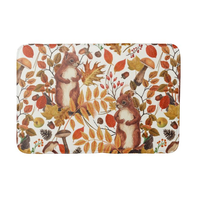 Autumn squirrels and autumnal flora on off white bath mat (Front)