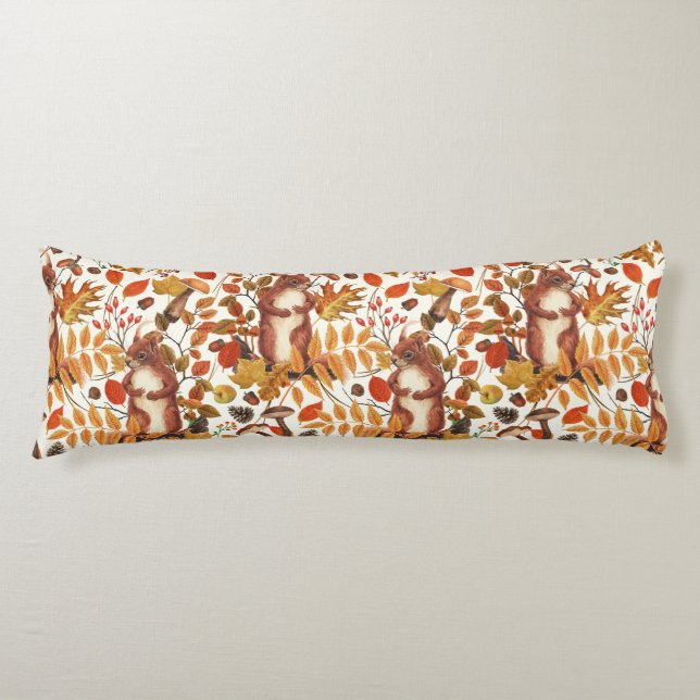 Autumn squirrels and autumnal flora on off white body pillow (Front)