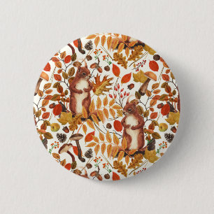 Autumn squirrels and autumnal flora on off white button
