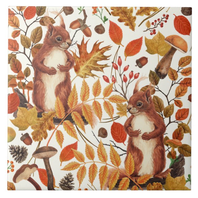 Autumn squirrels and autumnal flora on off white ceramic tile (Front)