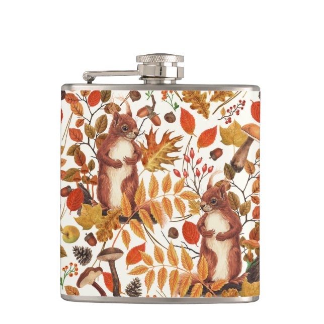 Autumn squirrels and autumnal flora on off white flask (Front)
