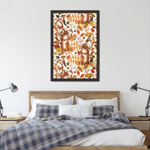 Autumn squirrels and autumnal flora on off white framed art