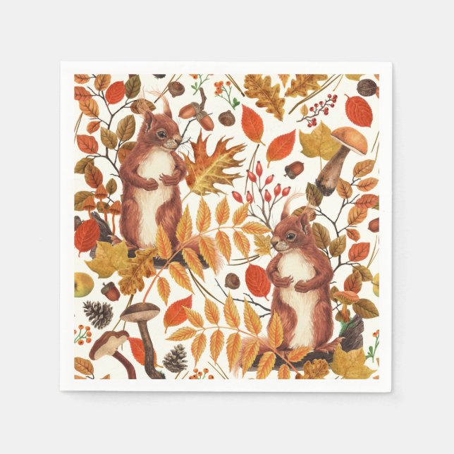 Autumn squirrels and autumnal flora on off white napkins (Front)