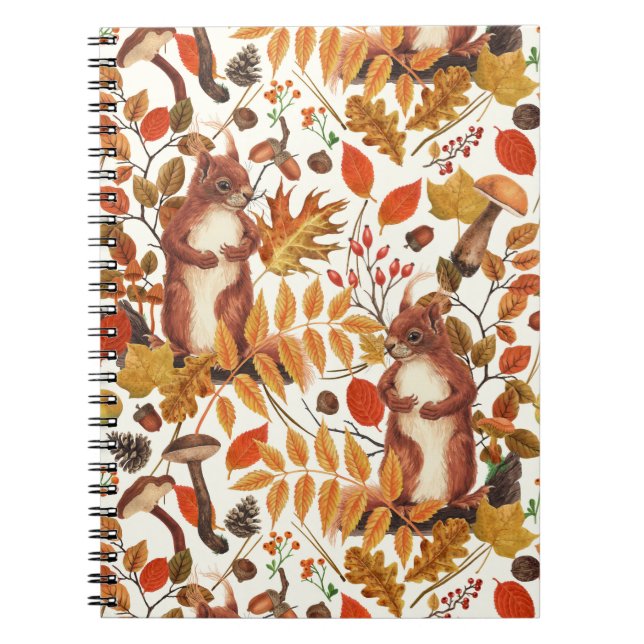 Autumn squirrels and autumnal flora on off white notebook (Front)
