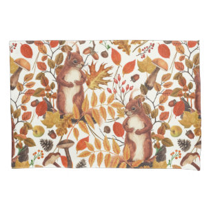 Autumn squirrels and autumnal flora on off white pillow case