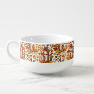 Autumn squirrels and autumnal flora on off white soup mug