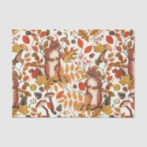 Autumn squirrels and autumnal flora on off white tissue paper