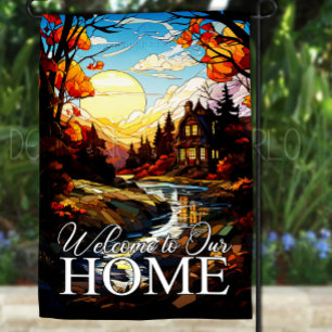 Autumn Stained Glass Look Welcome to Our Home Garden Flag